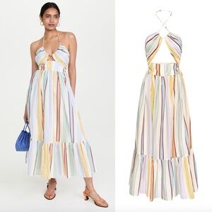 ALEMAIS Axum Tuck Front Midi Dress Rainbow Striped Cotton